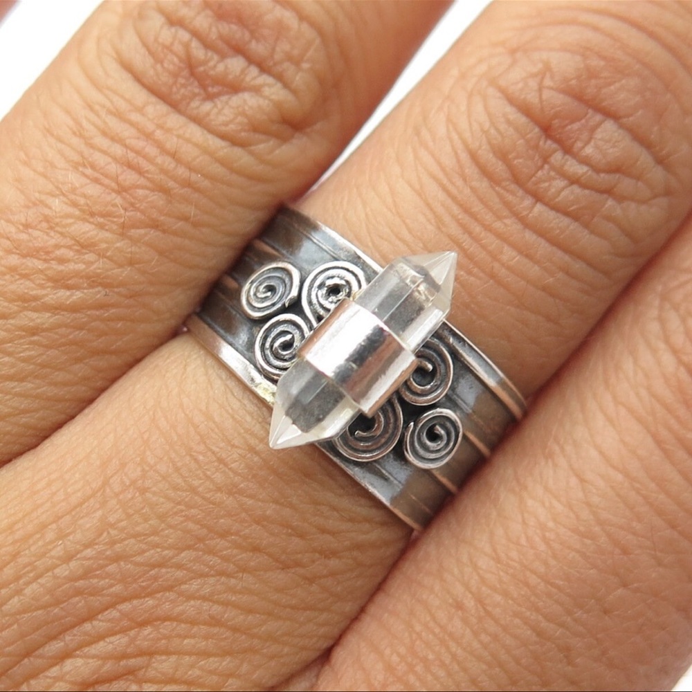 Unique Vintage Sterling Silver and Clear Quartz Stone Ring, boho, ethnic, tribal